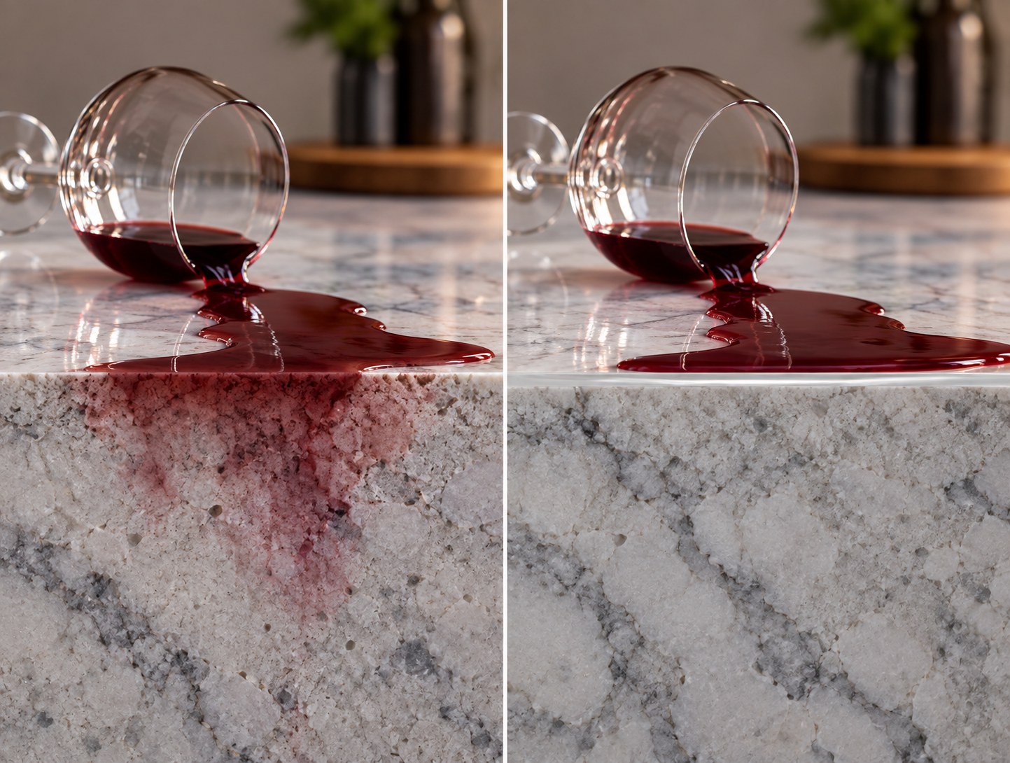 The same red wine spill on two stone benchtops. Without film the wine has soaked into the stone; with Stone Shield film it sits on top and the stone underneath is clean.